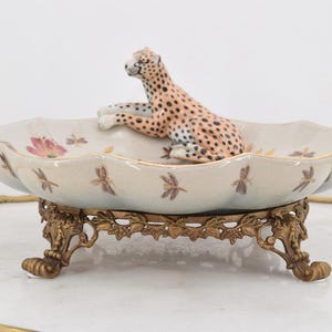 Plateau Porcelain with Bronze Ornaments - Lying Porcelain Tiger - Vintage Bowl with Flowers Design - Home Decor - Gift Idea for Wedding