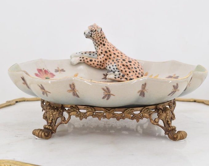 Plateau Porcelain with Bronze Ornaments - Lying Porcelain Tiger - Vintage Bowl with Flowers Design - Home Decor - Gift Idea for Wedding
