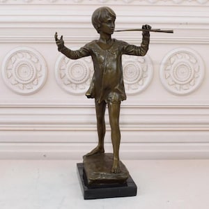 Signed Bronze Peter Pan Statue – Boy with Trumpet on Marble Base