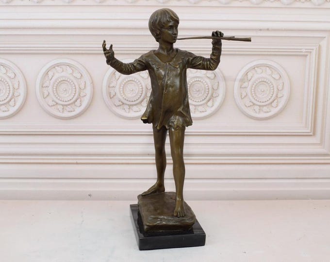 Peter Pan Boy with Trumpet Bronze Statue on Marble Base - Little Pipper - Bronze Sculpture - Signed Statue - Home Decor - Good Gift Idea