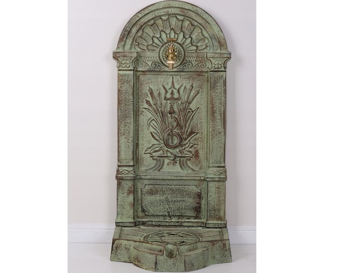Green Patina Cast Iron Wall Fountain with Brass Faucet: Garden Decor
