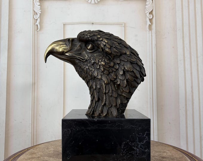 XL Bronze Eagle Head Sculpture - Vintage Marble Base Figurine