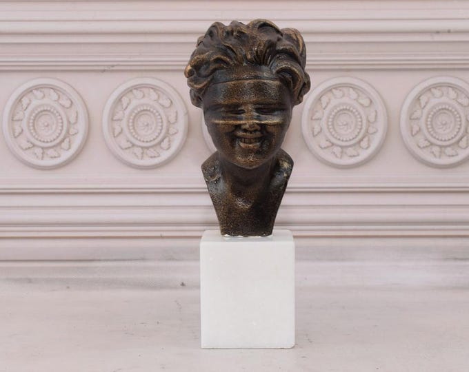 Cast Iron Sculpture - Woman with Blindfold on Marble Base - Unique Home Decor & Gift Idea - Timeless Art Piece for Collectors