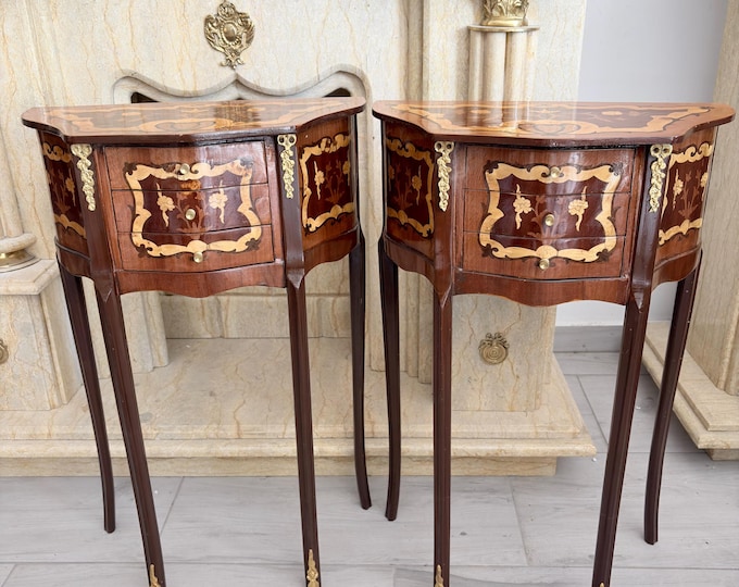 French Louis XVI Style Commode & Night Stand Set – Bronze Ornamented Wooden Tables