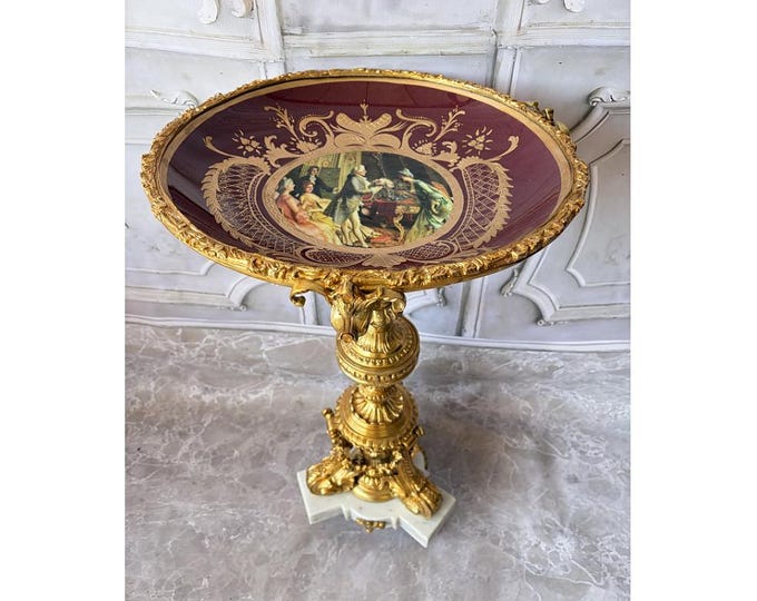 Large Royal Gilded Porcelain Fruit Bowl Bronze Mounted Centerpiece Hand Painted 77 cm
