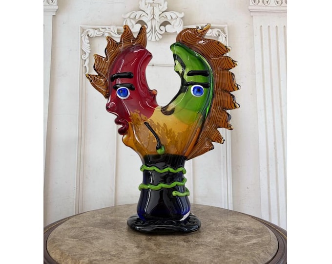 Vintage Italian Art Glass Double Face Sculpture - Colorful Abstract Glass Figure - Unique Mid Century Decor