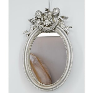 Exclusive Oval Crystal Silver Mirror with Angel Motif – Art Deco Style, Elegant Decor & Unique Gift Idea