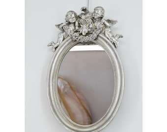 Exclusive Oval Crystal Silver Mirror with Angel Motif – Art Deco Style, Elegant Decor & Unique Gift Idea