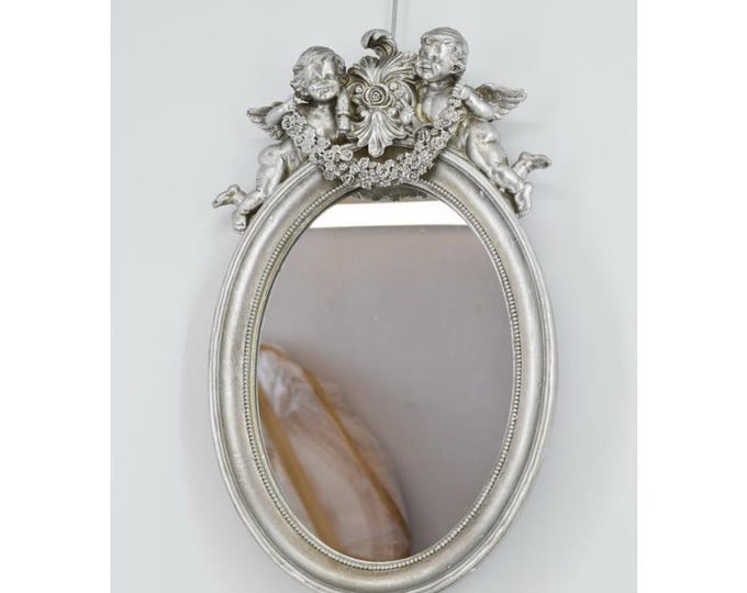Exclusive Oval Crystal Silver Mirror with Angel Motif – Art Deco Style, Elegant Decor & Unique Gift Idea