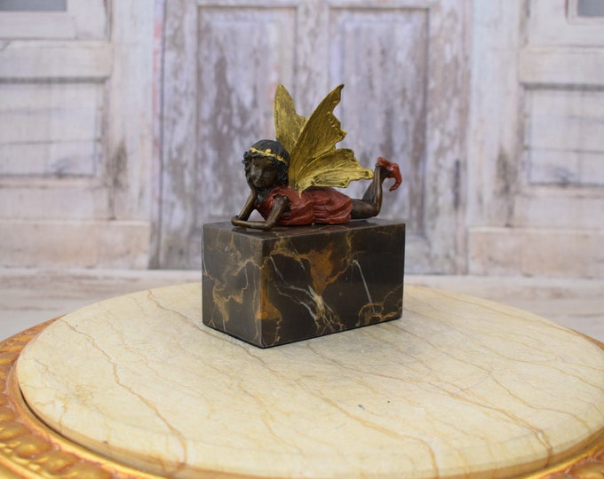 Elf Thumbnail with Wings Bronze Sculpture - Young Girl with Wings Statue - Vintage Statue - Foundry Mark - Home Office Decor - Gift Idea