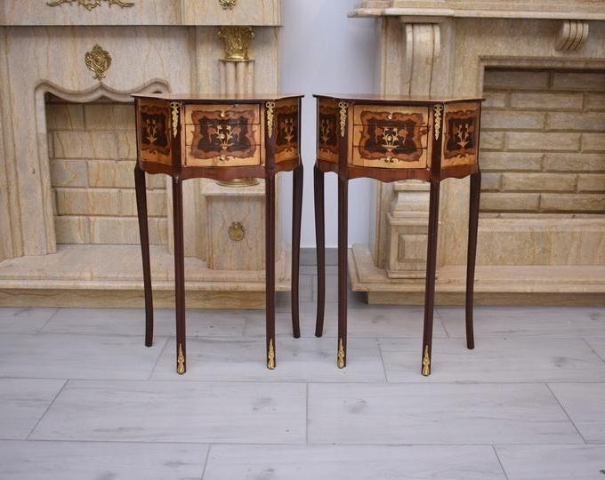 French Louis XVI Style Commode & Night Stand Set – Bronze Ornamented Wooden Tables