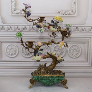 Porcelain with Bronze Ornaments - Candlestick Birds on a Branch - Colorful Bird - Colorful Candleholder - Art Nouveau Porcelain - Home Decor