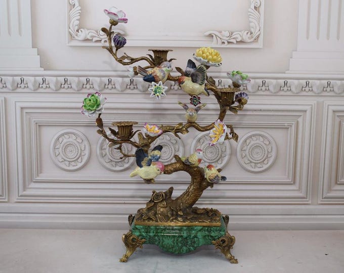 Porcelain with Bronze Ornaments - Candlestick Birds on a Branch - Colorful Bird - Colorful Candleholder - Art Nouveau Porcelain - Home Decor