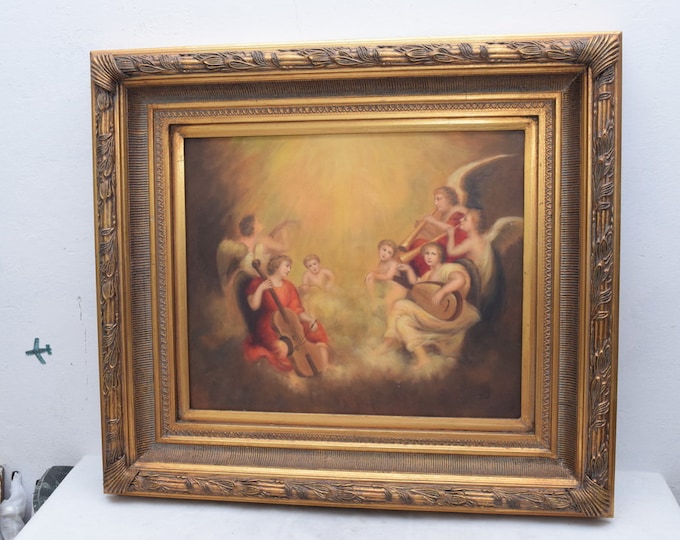 Large painting angels in heaven mythology scene - cherubs playing painting - painting on canvas - nice painting - goldene frame