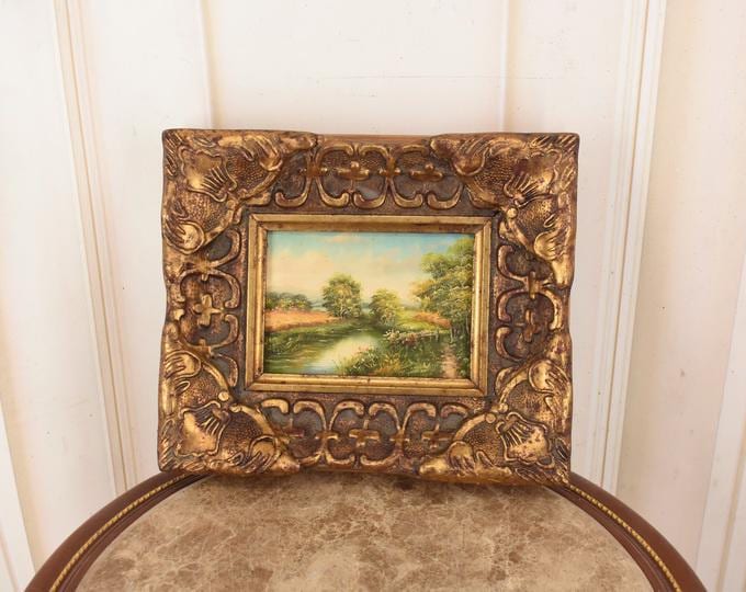 Vintage Polish Landscape Painting: River with Water Lilies, Golden Frame