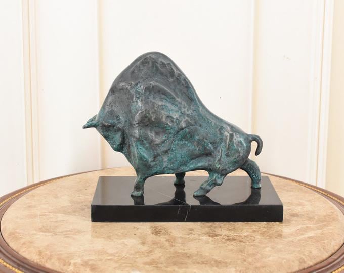 Picasso Style Bronze Bull Sculpture: Signed Modern Art Decor