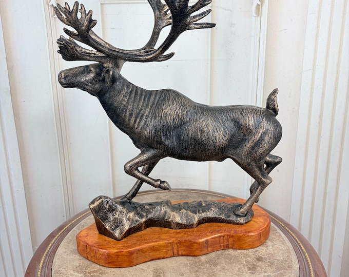 Vintage Cast Iron Moose Figurine on Wooden Base - Heavy Rustic Deer Statue - Lodge Cabin Decor