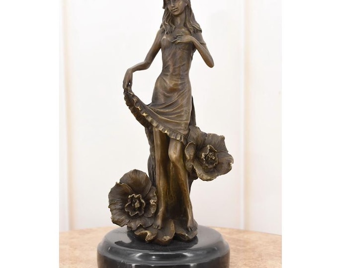 Art Nouveau Bronze Woman Statue: Floral Dress, Elegant Home Decor
