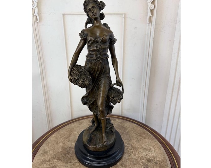 Signed Bronze Lady Figurine - Elegant Woman with Flower Baskets - Marble Base - Vintage Decorative Statue