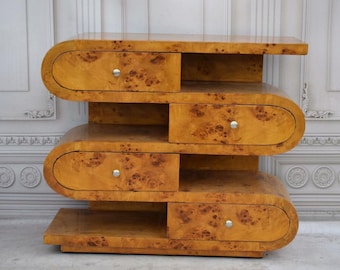 Art Deco Night Stand – Triangular Burl Wood Chest, 8 Drawers, Vintage Cabinet Home Decor