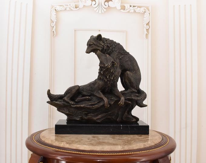 Bronze Wolf and She-Wolf Sculpture: Wildlife Art Figurine