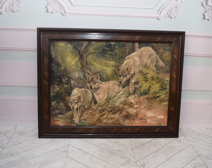 Antique Painting on Canvas Pack of Wolves - Wolfs Painting - Falat Art - Collector Item - Wall Art Decor - Home Decor - Gift Idea