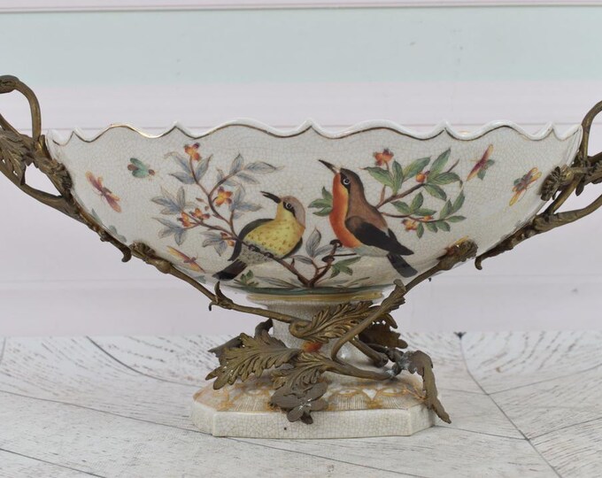 Porcelain Bowl with Bronze Ornaments - Birds and Flowers Motif - Colorful Plateau Antique Porcelain - Home Decor - Gift for Wedding Birthday