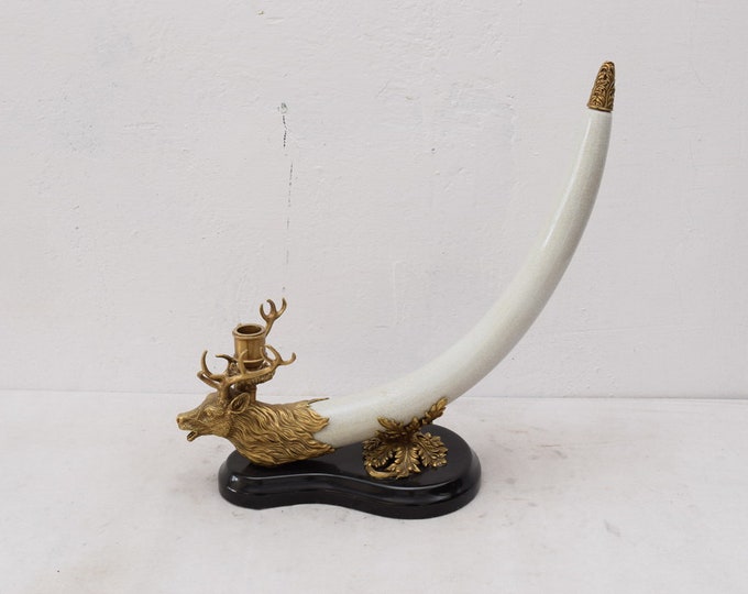 Porcelain with Bronze Candlestick Deer Hunter Hunting  Art Deco Gift
