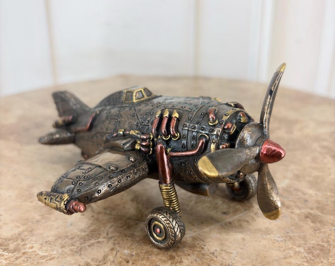 Steampunk Airplane Figurine: Bronze Metal Plane Statue