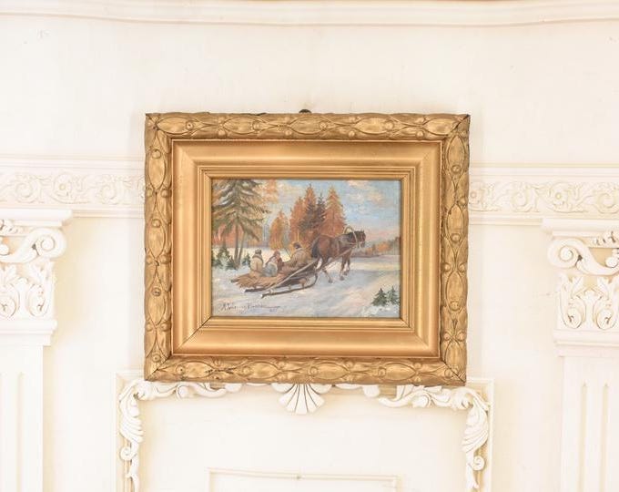 Antique Hunting Trip Painting – Winter Landscape with Hunters