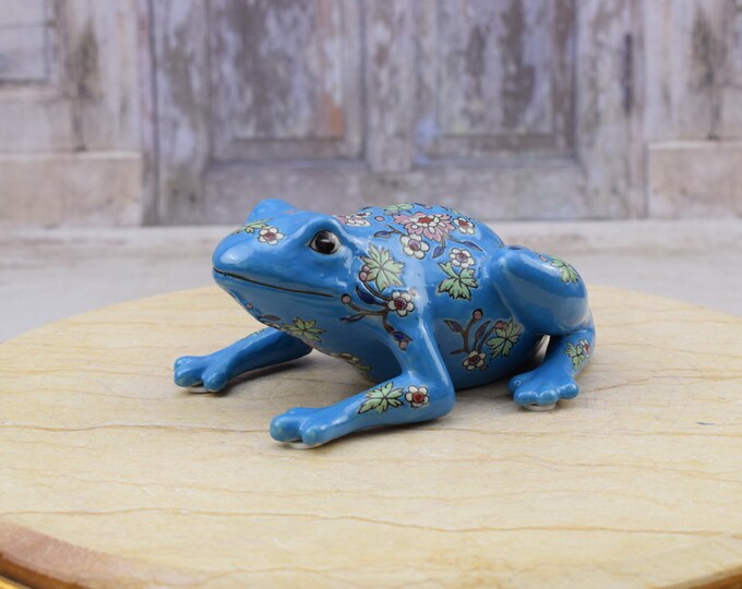 Porcelain Figure - Funny Blue Frog Happily - Unique Porcelain - Frog Sculpture - Painted Frog - Vintage Frog - Elegant Gift for Luckily