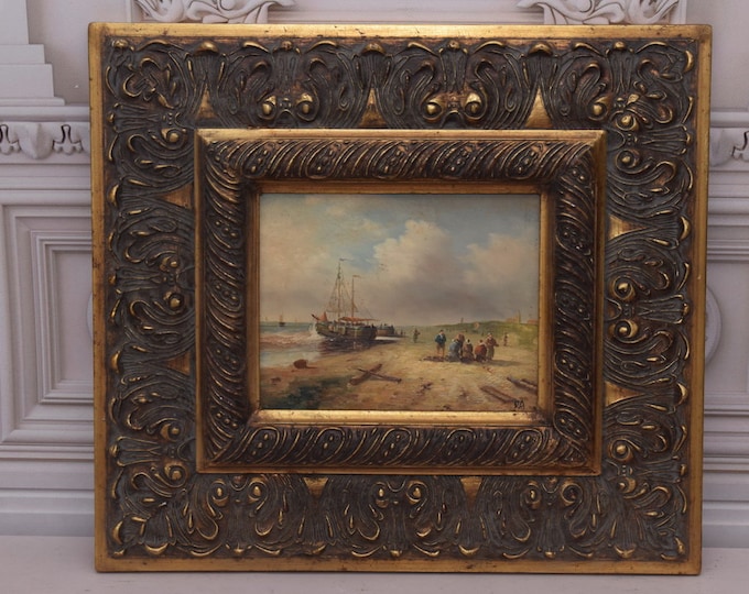 Painting Fishermen on the Beach - Boat on Sea - Oil on Wood - French Art Wall Decor - Vintage Painting Gift - Home Decor - Gift for Birthday