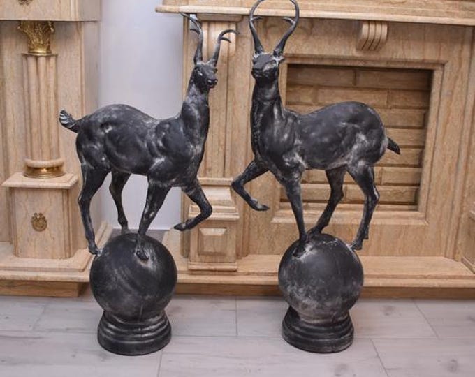 Cast Iron Chamois Sculptures – Antique Style Animal Garden Decor, Pair