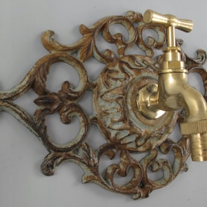 Green Patina Rustical Cast Iron Wall Fountain with Brass Faucet Tap,  Fountain Metal Wall Sink, Patio &  Wall Ornament Outdoor