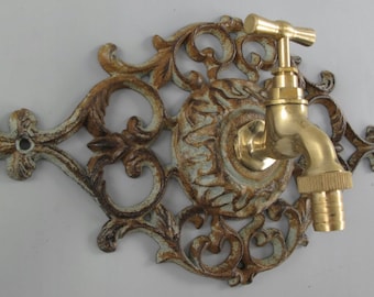 Green Patina Cast Iron Wall Fountain with Brass Faucet: Art Nouveau Decor