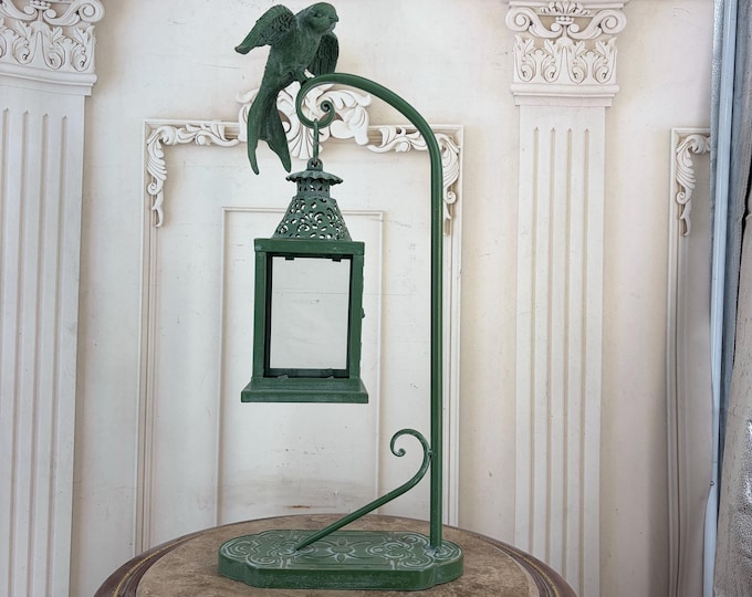Vintage Green Metal Hanging Lantern with Bird – Garden Candle Holder Stand