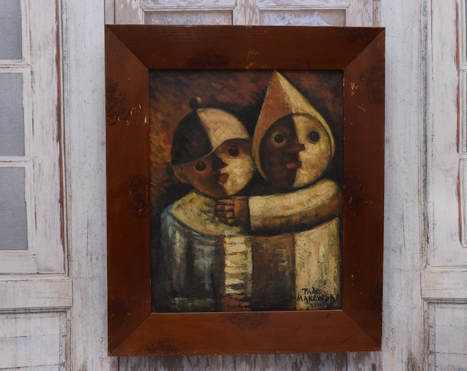 Antique Painting - Tade Makowski Clowns Old Painting Oil on Canvas - Polish Artist - Abstract Painting - Wall Decor Wall Art - Home Decor