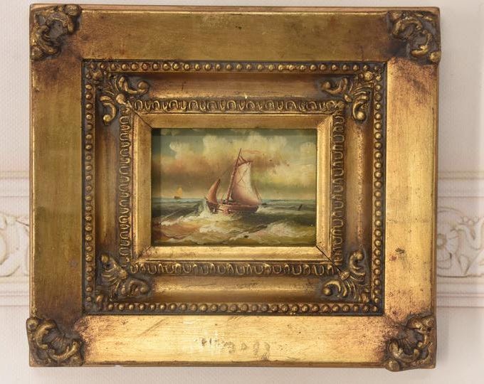 Vintage Boat Painting: Handmade Nautical Seascape with Gold Frame