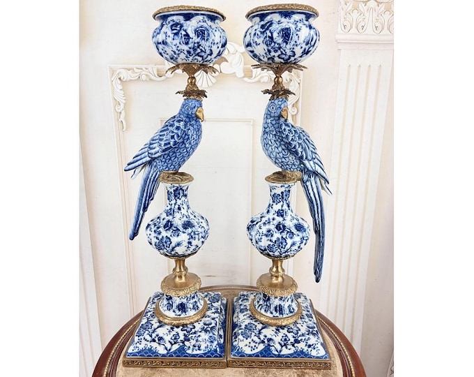 Blue Porcelain Parrot Candlestick Set: Regency Boho Decor