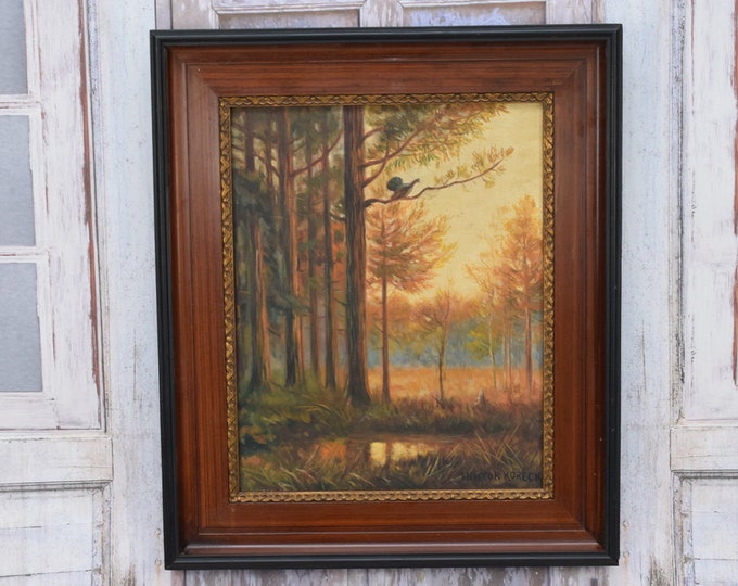Tocking Capercaillie Antique Painting Oil on Canvas - Old Landscape - Korecki Handmade Painting - Polish Landscape - Wall Art Home Decor