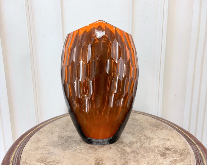 Vintage Bohemian Glass Vase - Heavy Amber Faceted Art Glass - Signed