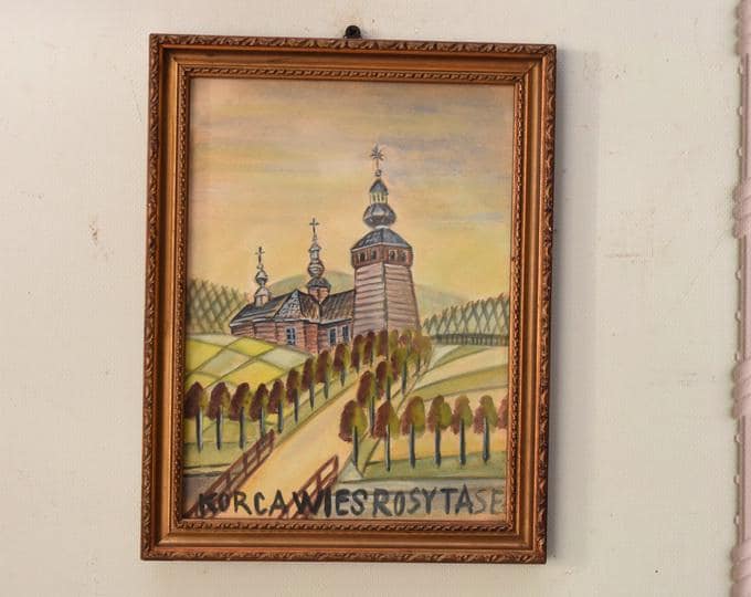Nikifor Krynicki Painting: Old Krynica Zdroj, Polish Art Pastel on Carton