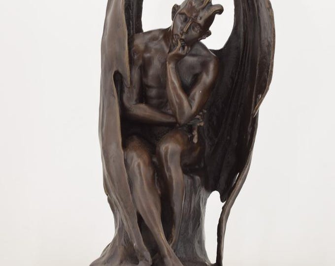 Pensive Statue on Marble Base - Devil Satan Winged Vintage - Elegant Gift - Home and Office Decor - Foundry Mark Lucifer Bronze Sculpture