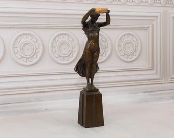 Bronze Nymph Statue with Gold Wreath - Mythological Home Decor
