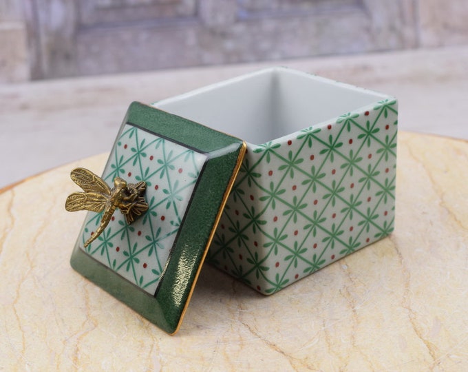 Antique Green Porcelain Casket with Bronze Ornaments - Porcelain Box with Lid on Bronze Base Butterfly-shaped Handle - Home Decor Gift Idea