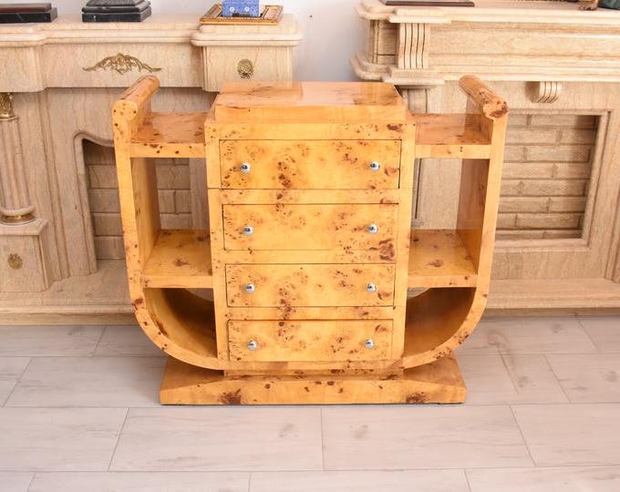 Art Deco Night Stand – Triangular Burl Wood Chest of Drawers – Vintage Cabinet Home Decor