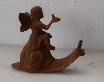 Cast Iron Elf on Snail - Sculpture Figurine Figure - Gift Vintage