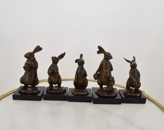 Art Deco Rabbit Sculpture on Marble Base – Set of 5 Vintage Hare Statues – Signed Parisian Collection – Elegant Home Decor & Gift