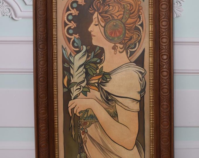 Very Rare - Antique Painting Lady of the Camellias - Mucha Style Art - Handmade Painting - Wall Art Decor - Home Decor - Gift Idea
