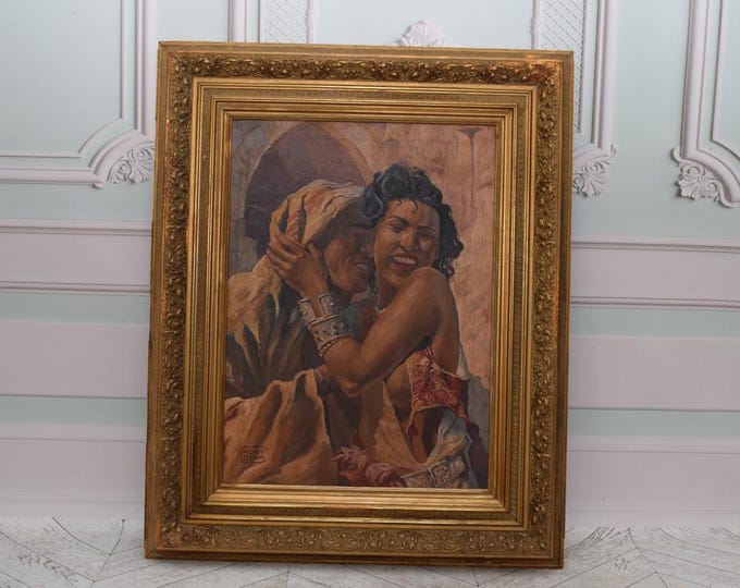 Enchanted Algerian Couple – Oriental Love Scene – Romantic Genre Painting – Antique Oil on Canvas – Wall Art & Home Decor - Gift Old Frame